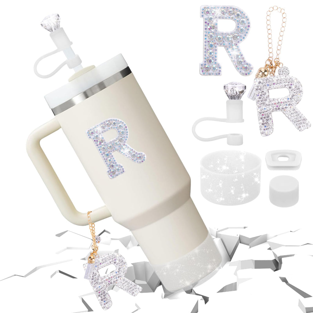 Mity rain Accessories Set for Stanley Cup, Initials Decorations for Tumbler Cup 30/40OZ, Including Diamond Straw Topper/Spill Proof Stopper/Sparkly Silicone Boot Set/Letter Charms for Handle A-Z (A-)