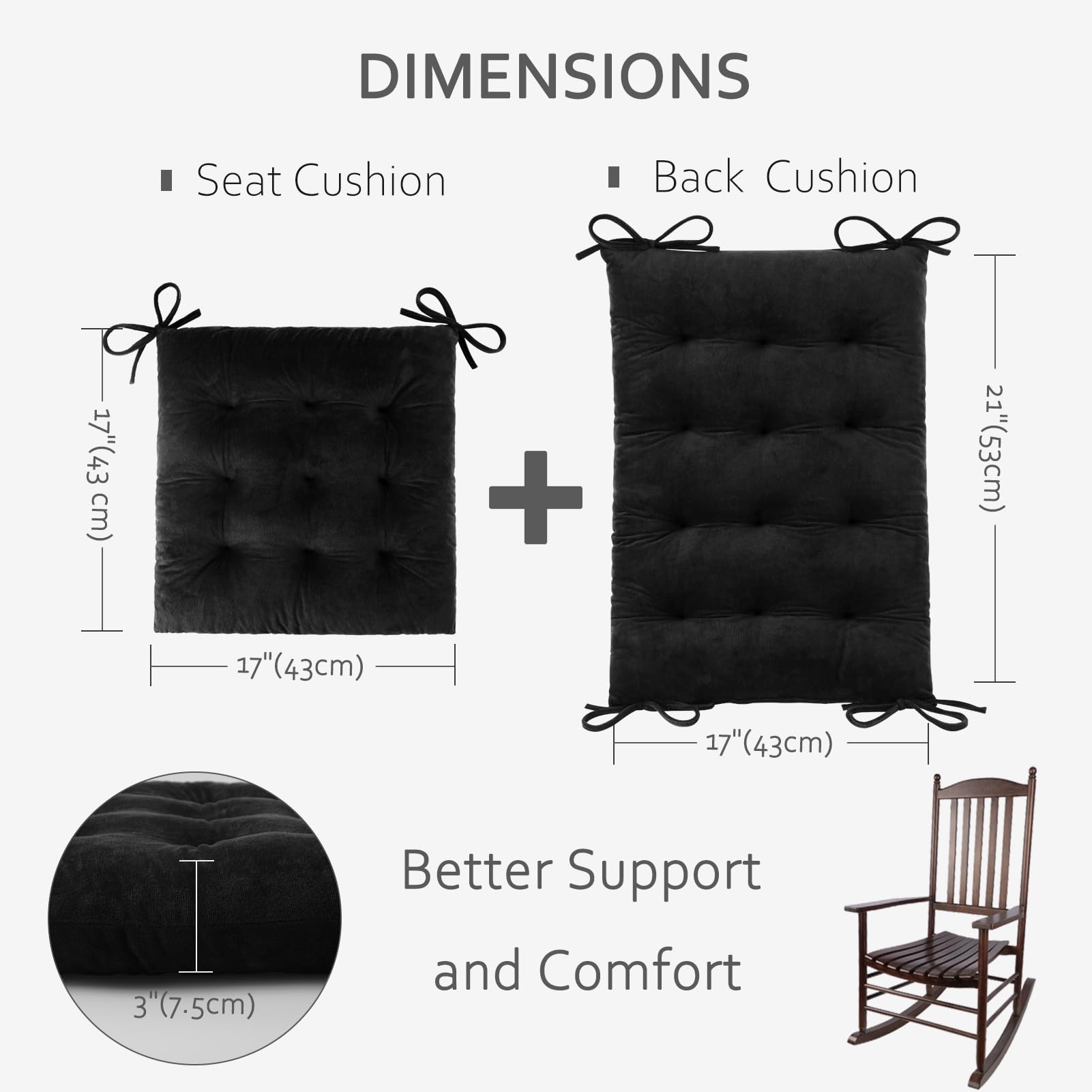 ELFJOY Rocking Chair Cushion Large Rocking Chair Pads with Ties Premium Tufted High Back and Seat Cushion 2 Piece Set Black