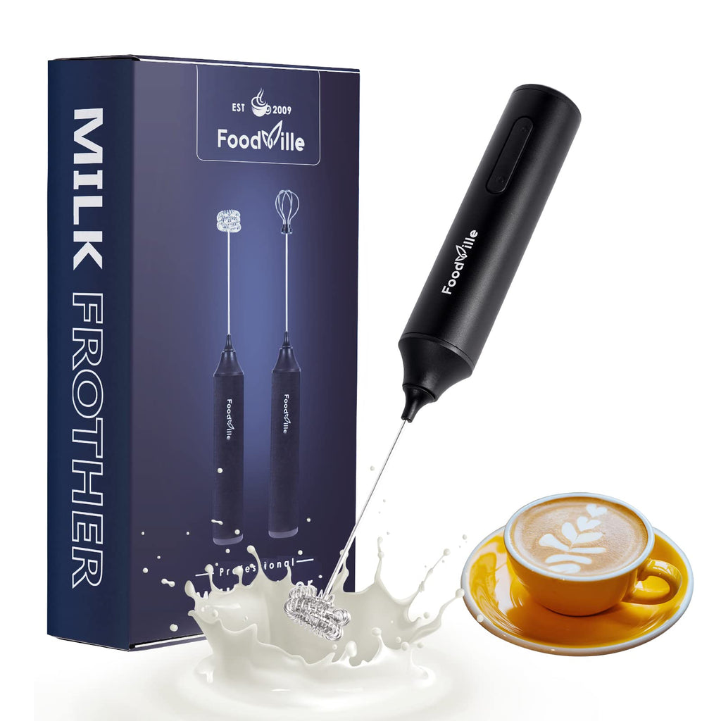 FoodVille MF05 Rechargeable Milk Frother USB Charging Handheld Foam Maker with Stainless Balloon Whisk for Cappuccino, Latte, Bulletproof Coffee, Keto Diet, Protein Powder, Matcha (Black)