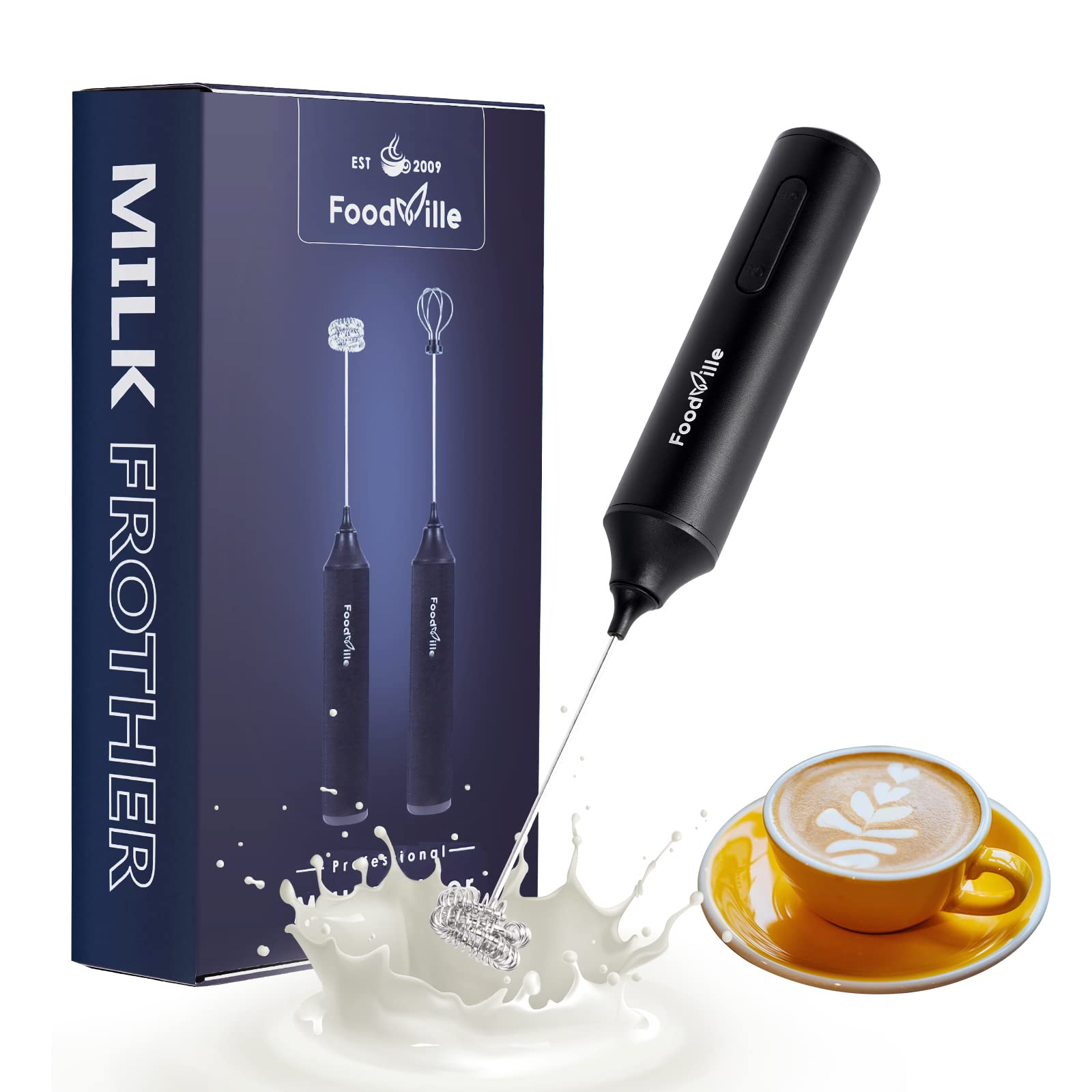 FoodVille MF05 Rechargeable Milk Frother USB Charging Handheld Foam Maker with Stainless Balloon Whisk for Cappuccino, Latte, Bulletproof Coffee, Keto Diet, Protein Powder, Matcha (Black)