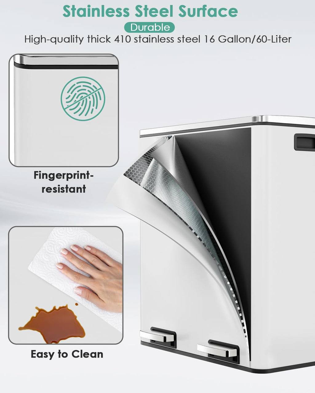 60L(16 Gal) Dual Trash Can, Stainless Steel Kitchen Garbage Can, Double Compartment Classified Rubbish Bin, Recycle Dustbin w/Plastic Inner Buckets, Soft-Close Lid, Airtight, Black