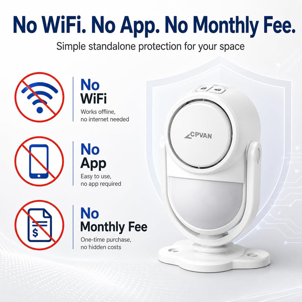 CPVAN WiFi Motion Sensor Alarm, 125dB Smart PIR Motion Detector with Phone App Alerts, Wireless Indoor Home Security Alarm System with Remote, 2.4GHz WiFi, Black