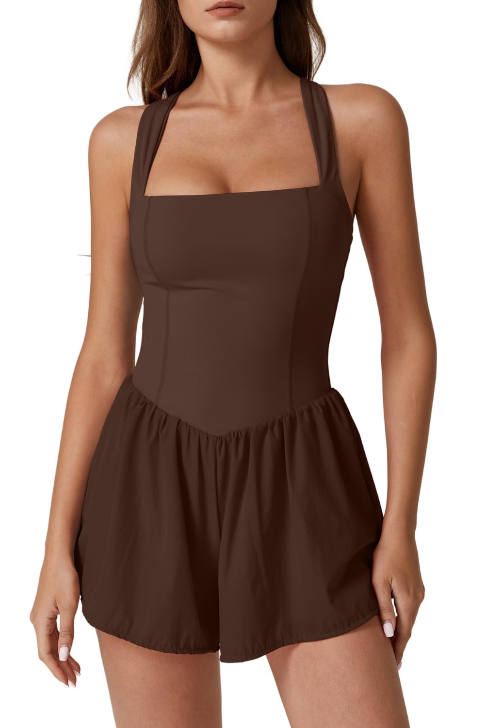 QINSEN Women's Square Neck Sleeveless Romper Jumpsuit Casual Summer One Piece Outfit with Pocket