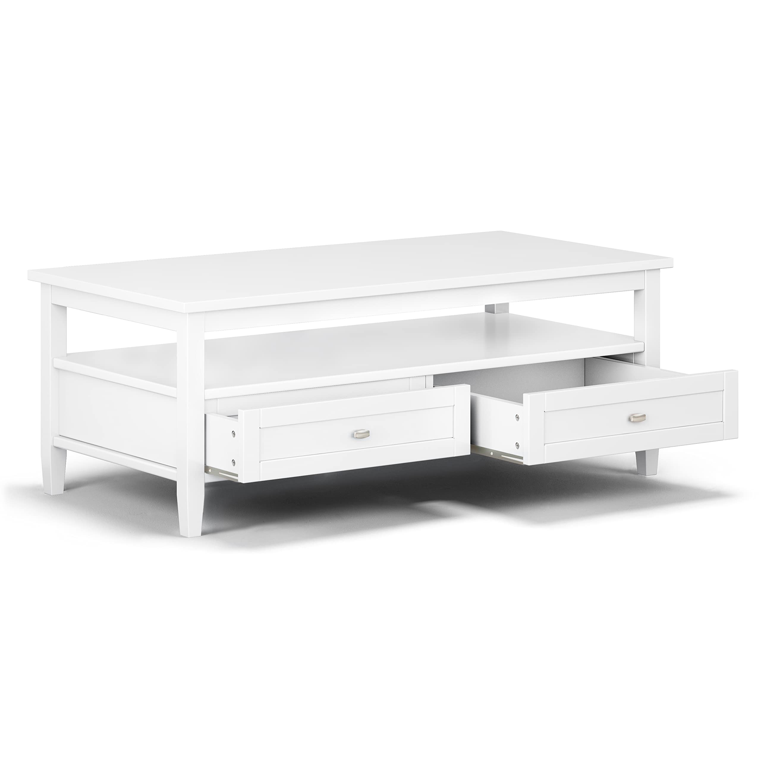 SIMPLIHOME Warm Shaker Coffee Table - 48 inch Wide Solid Wood Coffee Table in Black, Transitional Living Room Table with 2 Drawers, Open Shelf, Shaker Fronts and Tapered Legs