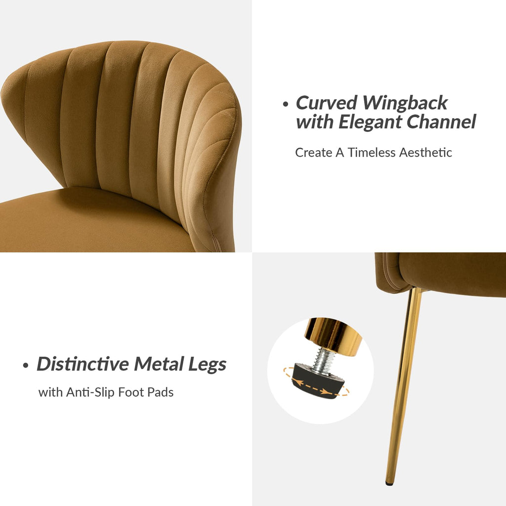 HULALA HOME Velvet Dining Chairs, Modern Small Armless Accent Chair with Gold Metal Legs, Living Room Upholstered Cute Side Chair, Elegant Tufted Back Vanity Chair for Bedroom, Auburn
