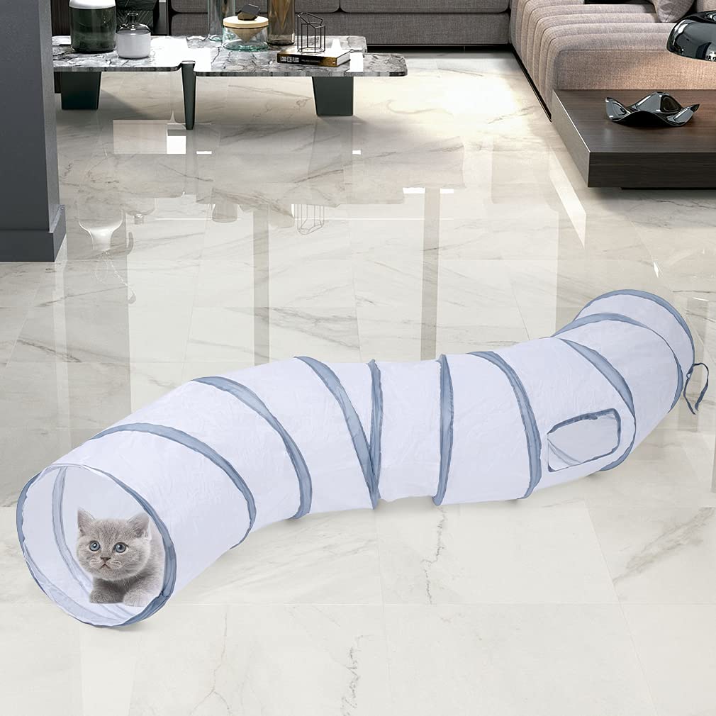 Sheldamy Cat Tunnel, 2-Way Collapsible Play Tunnel, Interactive Toy Maze for Small Animals, Suitable for Kittens, Puppies, Rabbits, Ferrets, Blue & Black
