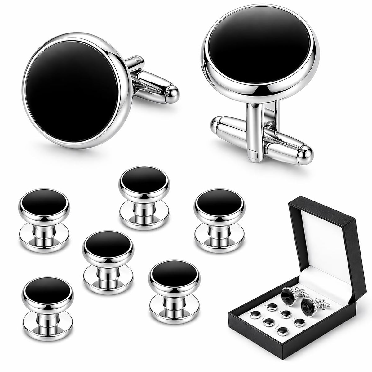 Men's Cufflinks & Tuxedo Studs Set - 316L Stainless Steel Formal Wedding Jewelry, Groomsmen Gift Set with Gift Box