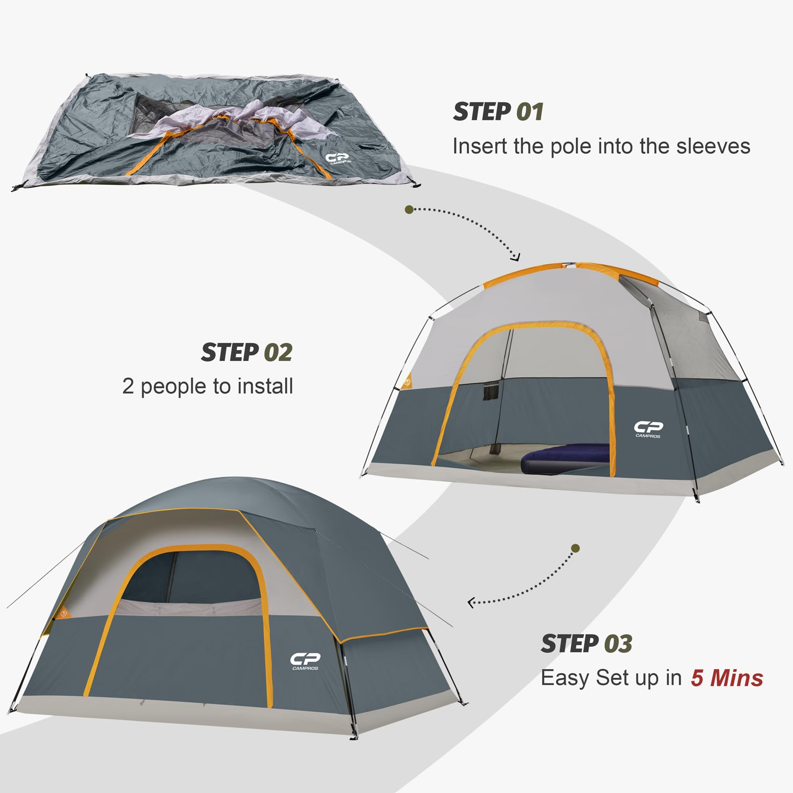 CAMPROS CP Camping Tent 2/4/6 Person, Waterproof Windproof Double Layer Dome Tent, Easy Setup with Large Mesh Windows & Wide Door for Outdoor Camping Backyard
