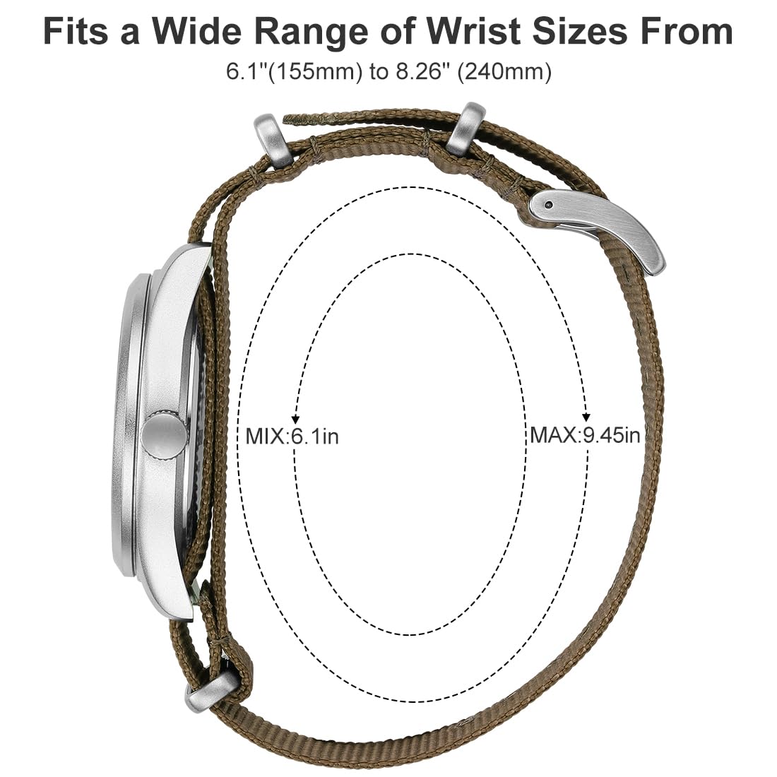GOLDEN HOUR Men's Nylon Slip-Thru Strap Watch with Military Time Easy Read Dial Glowing Hands