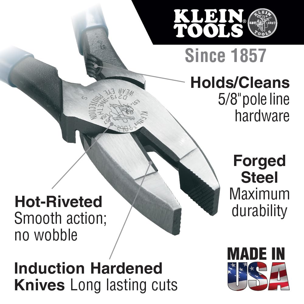 Klein Tools D213-9NETH Lineman's Bolt-Thread Holding Pliers, High-Leverage Streamline Design with Rounded Nose and Knurled Jaw, 9-Inch