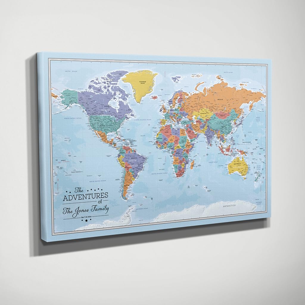Personalized Canvas Rolled Poster World Map Wall Art with Pins – Large 24" x 36" Blue Oceans Map of the World – Push Pin Travel Decor for Home or Office