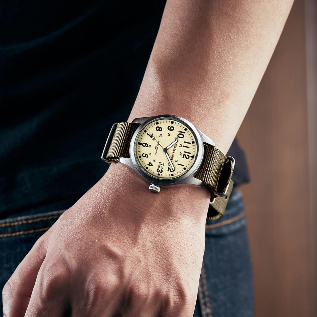 GOLDEN HOUR Men's Nylon Slip-Thru Strap Watch with Military Time Easy Read Dial Glowing Hands