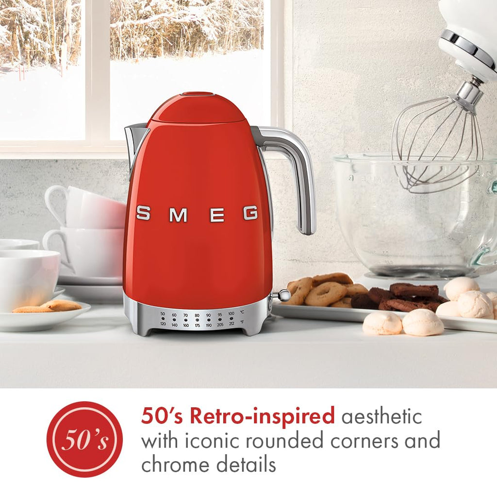 SMEG Variable Temperature Electric Kettle 1.7L (7 Cup), Stainless Steel Tea & Coffee Kettle, Fast Boil, Adjustable Temp 122°F–212°F, Keep Warm, Auto Shut-Off, 360° Base, Retro Style-Black