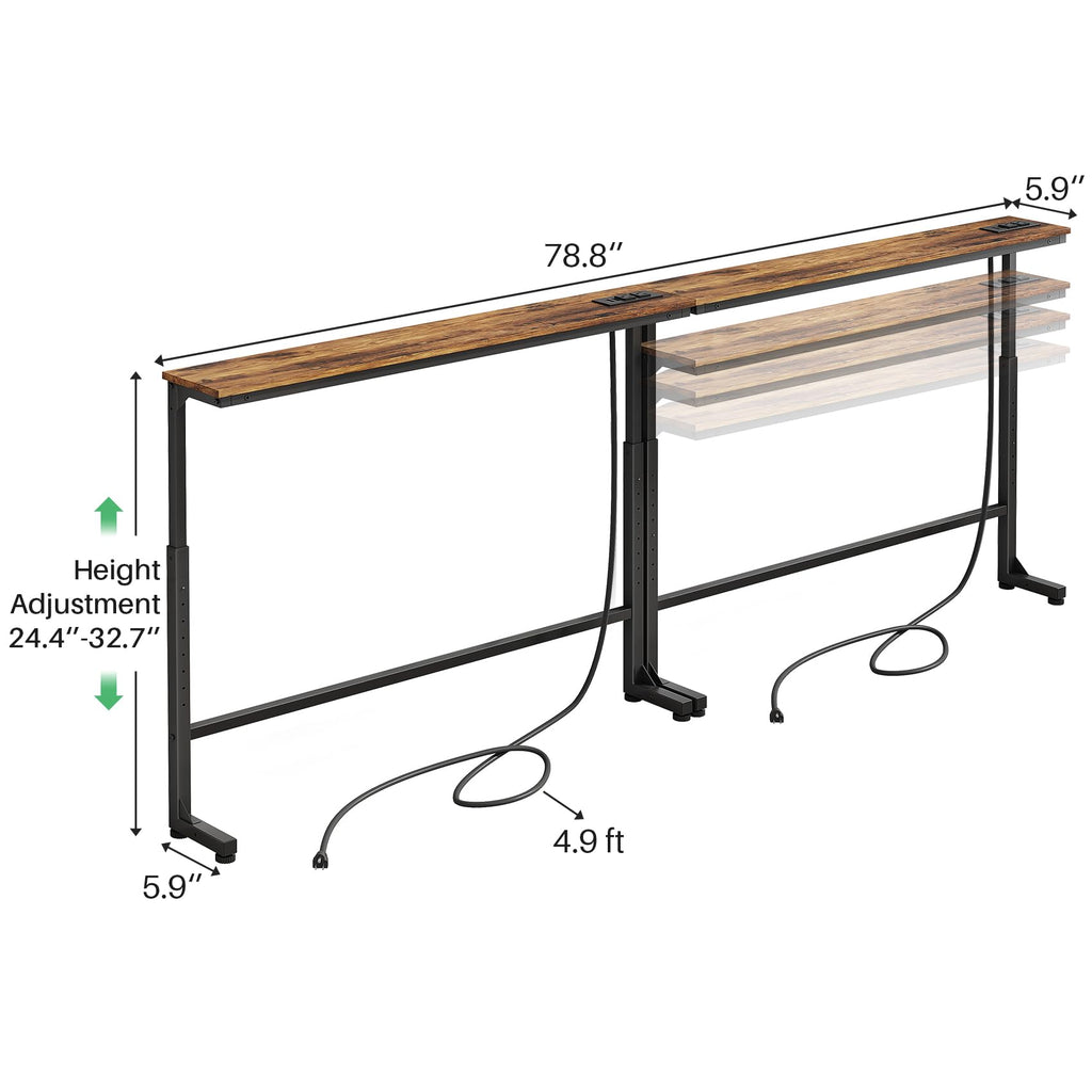 Kitstorack Narrow Sofa Table with Charging Station, 78.8" Behind Couch Table, Adjustable 24.4"-32.7" Height, Modular 2-piece Design for sectionals, entryways, Apartments, and Narrow Living Spaces