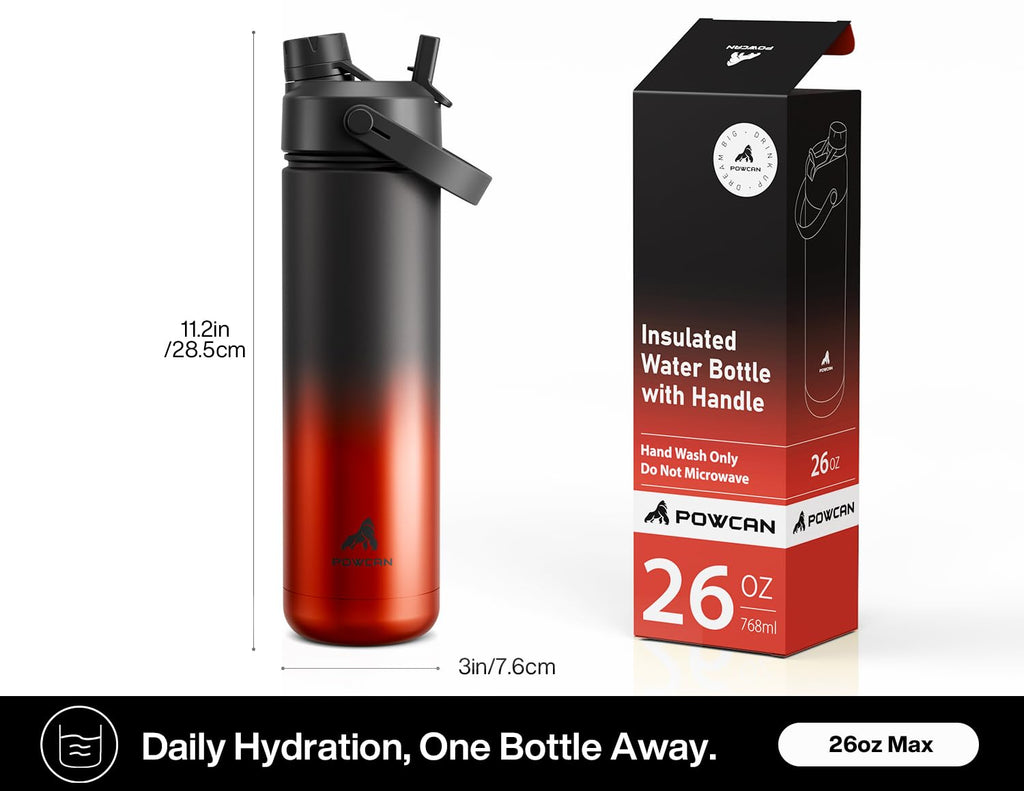 POWCAN 26 oz Insulated Water Bottle with 2-in-1 Straw and Spout Lid, Keep Cold 24H, Leak-Proof, Fits in Car Cup Holder, Stainless Steel Water Bottle for Sports, Travel, Gym, Gift, and School (Ace)