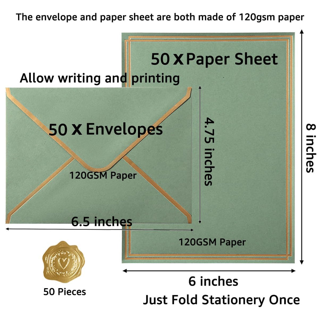 50 Pack Stationery Set with Envelopes, Cream Color, 8.5x11 Inches | Gold Border, #10 Business Envelopes and 8.5x11 Paper Sheets, Stickers for Letter Writing, Invitations