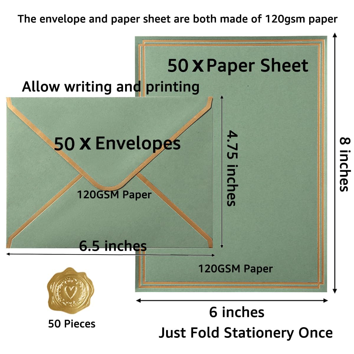 50 Pack Stationery Set with Envelopes, Cream Color, 8.5x11 Inches | Gold Border, #10 Business Envelopes and 8.5x11 Paper Sheets, Stickers for Letter Writing, Invitations