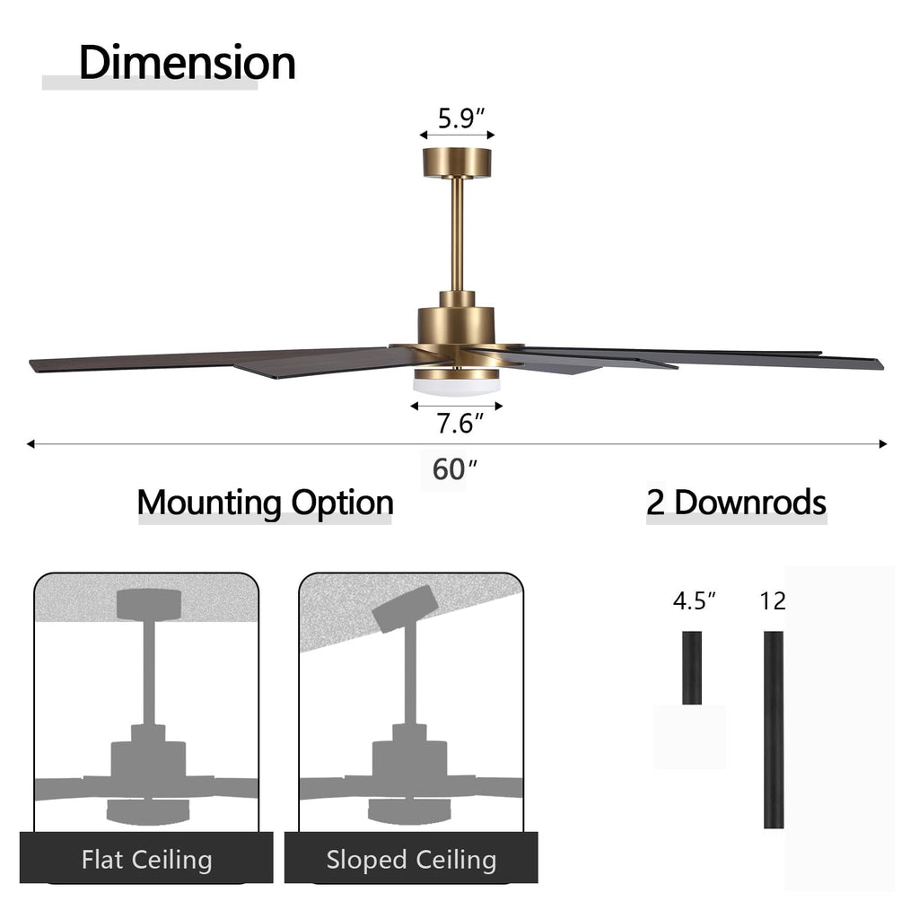 WINGBO 60" Ceiling Fan with Light and Remote Control, 6 Speed Reversible DC Motor, Dimmable LED Light, for Home and Commercial Use, Living Room/Shop/Warehouse Black/Walnut