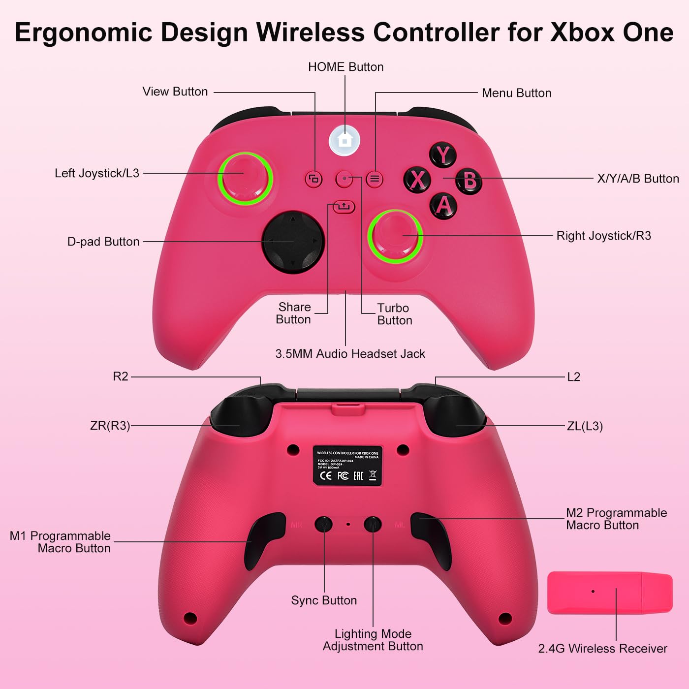 HaeBorl Xbox One Controller, RGB LED Light 2.4GHz Wireless Controller Compatible with Xbox One X/S Xbox Series X/S with 3.5mm Audio Headphone Jack & 800mAh Rechargeable Built-in Battery, Deep Pink