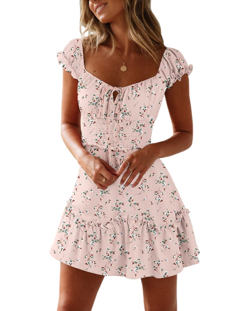 YOBECHO Womens Summer Ruffle Sleeve Sweetheart Neckline Printing Dress Mini Dresses
