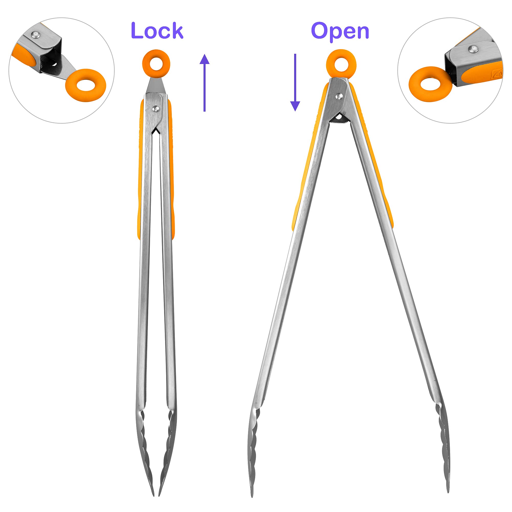 304 Stainless Steel Kitchen Cooking Tongs, 9" and 12" Set of 2 Sturdy Grilling Barbeque Brushed Locking Food Tongs with Ergonomic Grip, Black