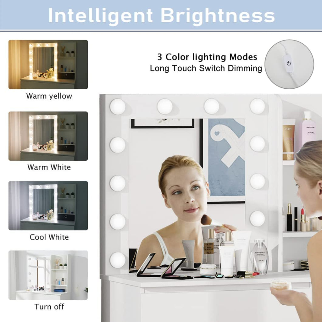 Vabches Makeup Vanity with Lights, 37inch Vanity Desk, 4 Large Drawers Dresser with Lighted Mirror, 3 Lighting Modes Brightness Adjustable, White