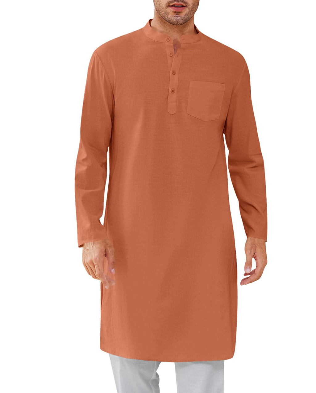 Gafeng Mens Kaftan Robe Button Down Long Sleeve Henley Cotton Thobe Casual Side Split Gown Shirt