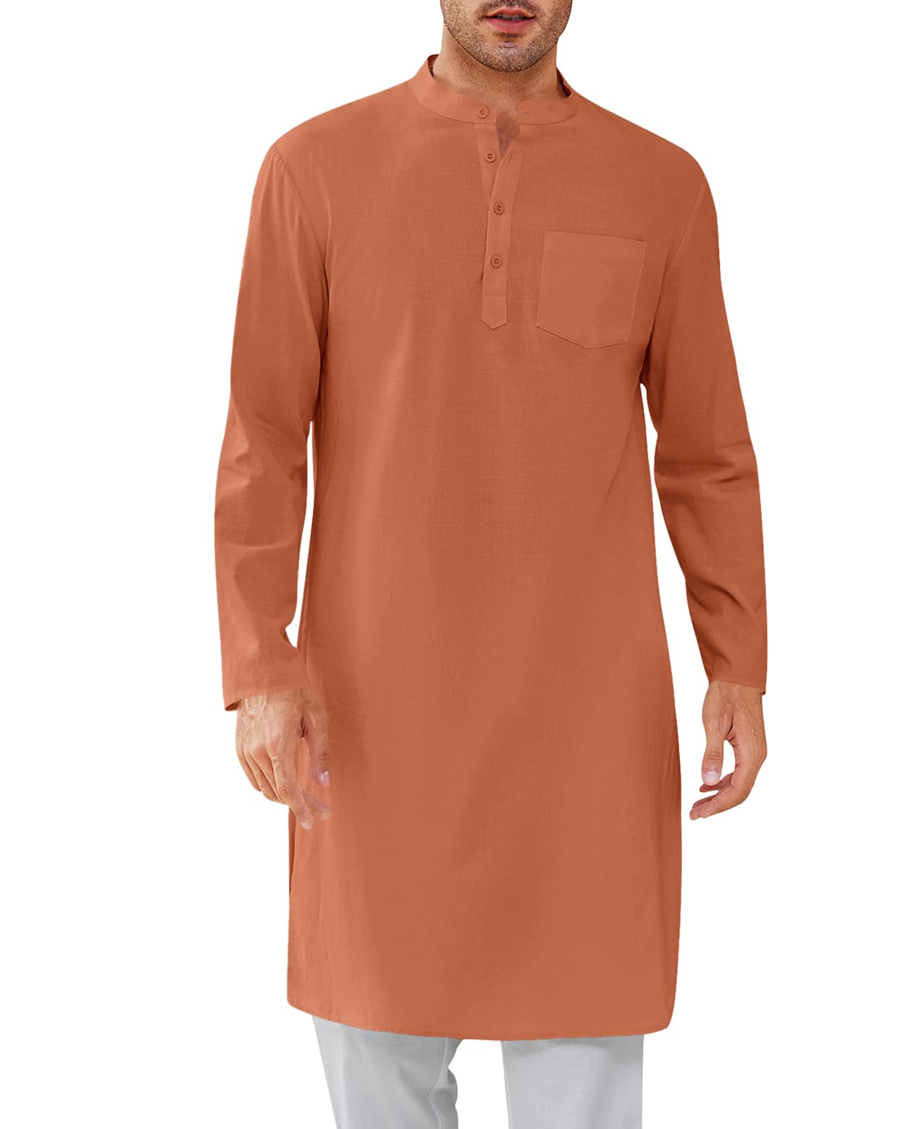 Gafeng Mens Kaftan Robe Button Down Long Sleeve Henley Cotton Thobe Casual Side Split Gown Shirt