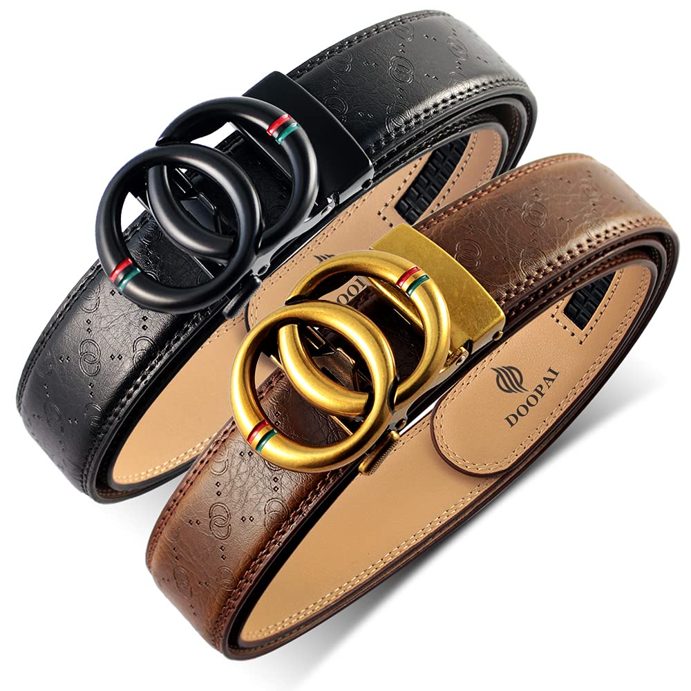 DOOPAI Men's 2 Pack Ratchet Dress Belt - Adjustable 1 3/8" Genuine Leather, Size Length Can Be Cut, With Gift Box