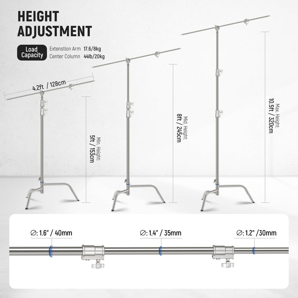 NEEWER Pro 100% Stainless Steel Heavy Duty C Stand with Boom Arm, Max Height 68"/172cm Photography Light Stand with 2.7ft/83cm Holding Arm, 2 Grip Head for Studio Monolight, Softbox, Reflector, SC172