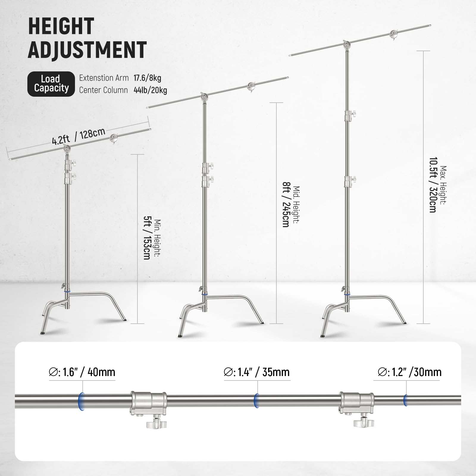 NEEWER Pro 100% Stainless Steel Heavy Duty C Stand with Boom Arm, Max Height 68"/172cm Photography Light Stand with 2.7ft/83cm Holding Arm, 2 Grip Head for Studio Monolight, Softbox, Reflector, SC172