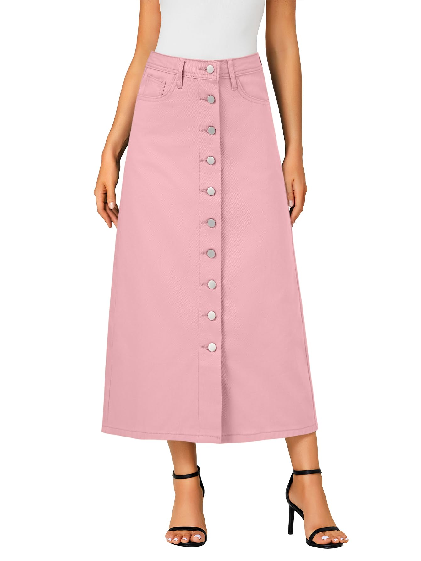 Vrtige Women's Casual Button Down High Waisted A Line Jean Midi Long Denim Skirt with Pockets