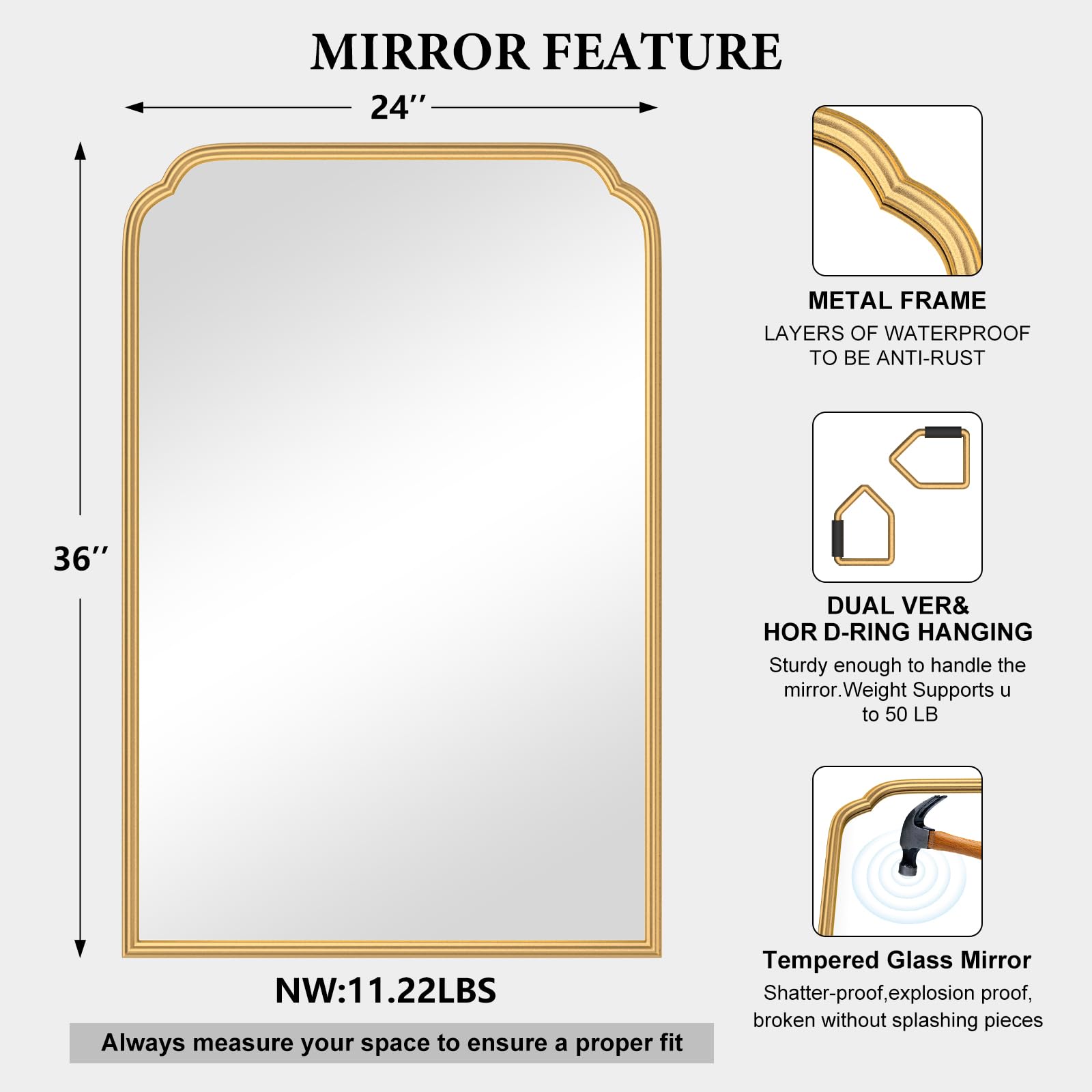 Ferytange 18X24 Inch Black Mirror for Wall with Metal Frame Rectangular Rounded Bathroom Vanity Mirror Anti-Rust, Hangs (Black 18" x 24")