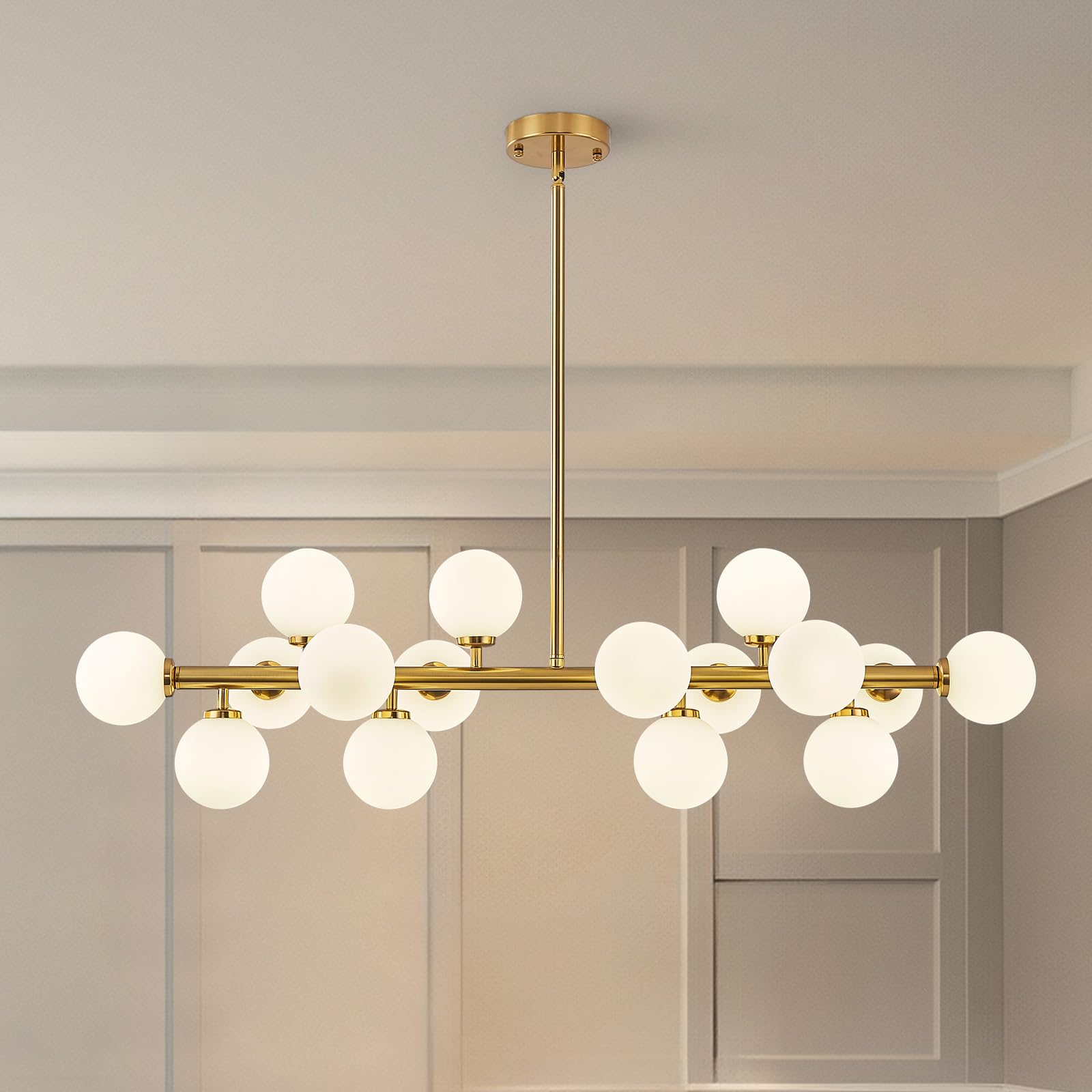 Modern Linear Chandeliers for Dining Room, 8-Light Globe Sputnik Pendant Ceiling Light, Black Dining Room Light Fixture Over Table, Mid Century Glass Milk White Bubble, 31.5 Inch, GC-09