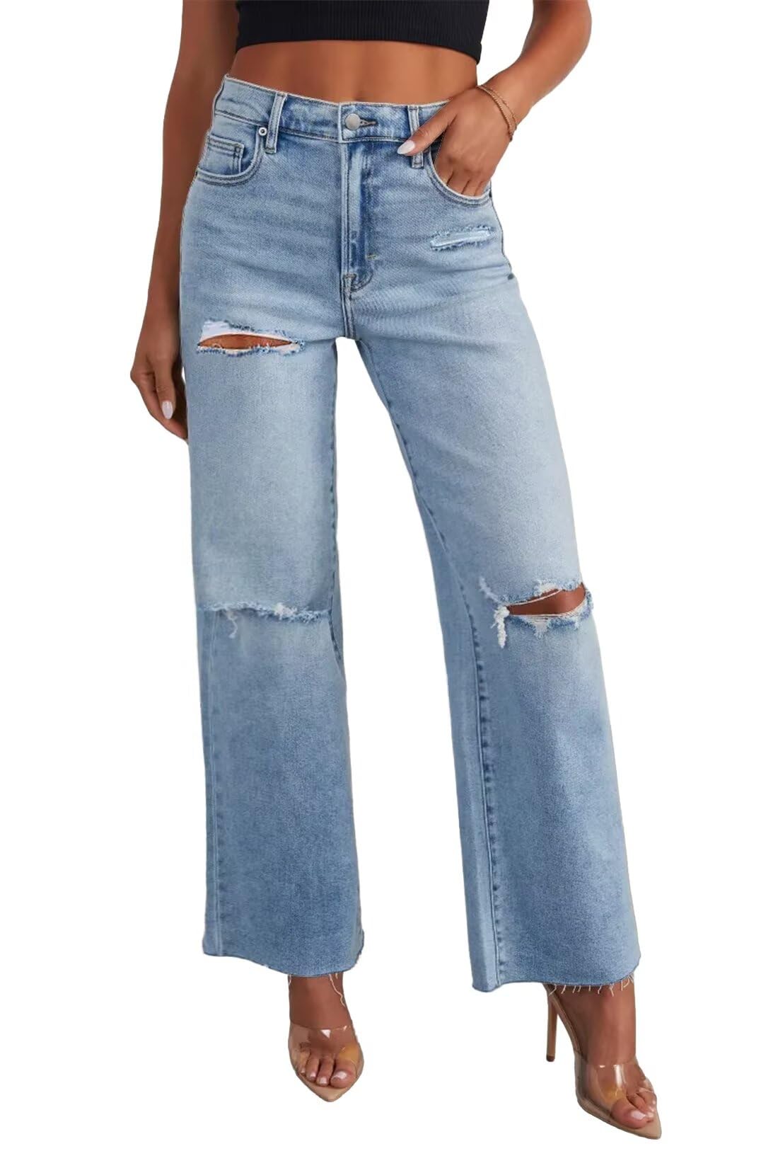 Allimy Women's High Waisted Straight Ankle Wide Leg Ripped Jeans Frayed Hem Stretchy Capri Denim Pants