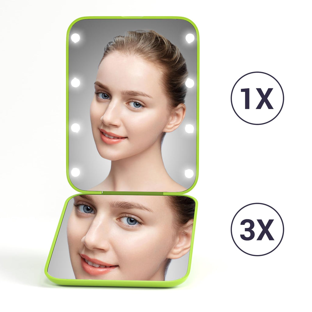 Kintion Pocket Mirror, 1X/3X Magnification LED Compact Travel Makeup Mirror with Light for Purse, 2-Sided, Portable, Folding, Handheld, Small Lighted Mirror for Gift, Pink