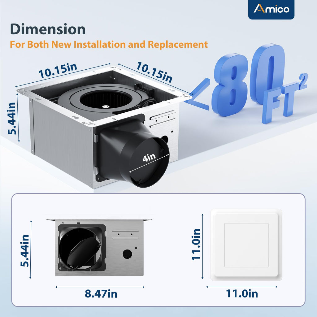 Amico Bathroom Exhaust Fan, 1.0 Sones, 80 CFM, Low Noise, Ceiling Mounted Retrofit Ventilation Fans, 4 Inch Duct, No Attic Access Needed- UL Certified