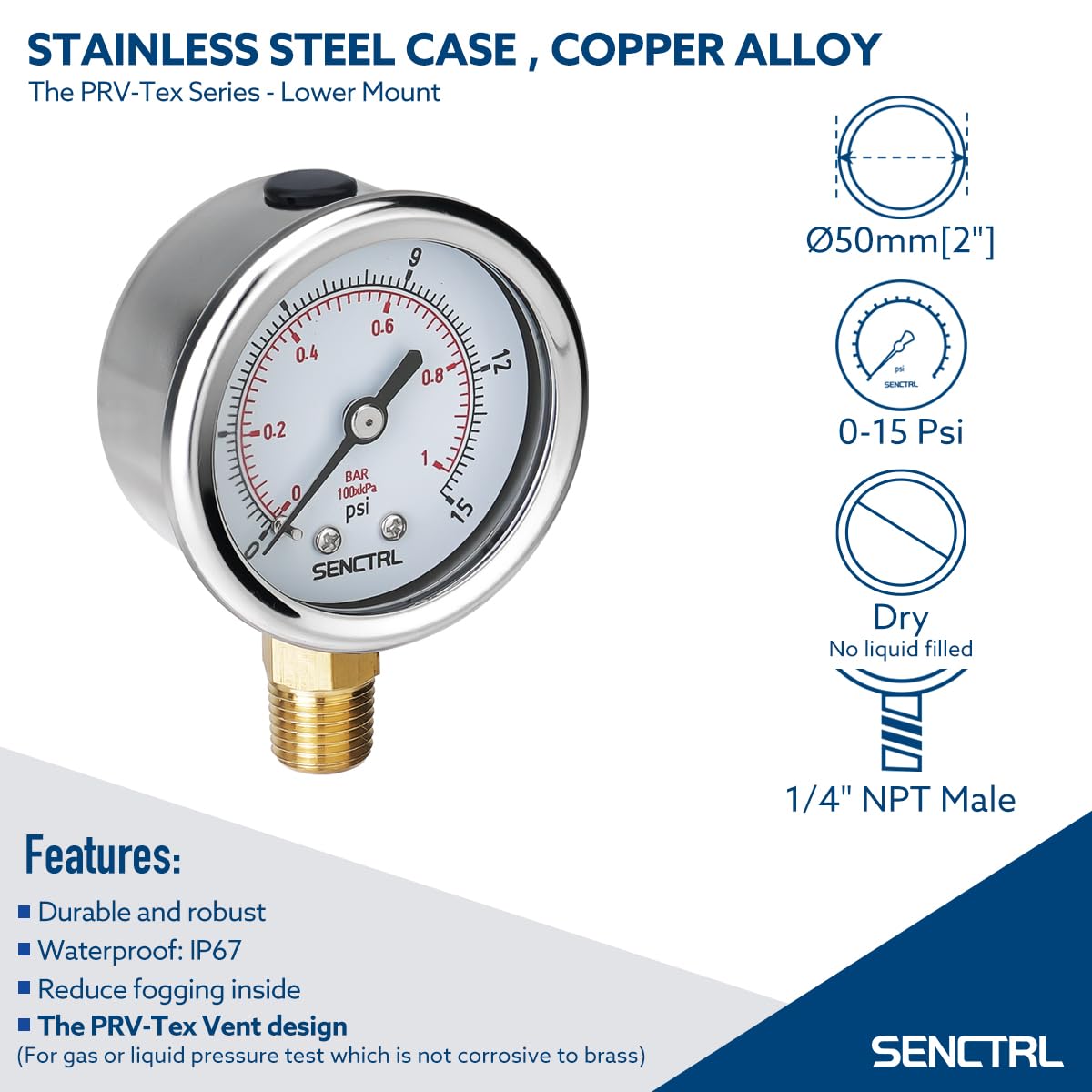 SENCTRL 30inHg Vacuum Pressure Gauge, 2" Dial, 1/8 NPT Lower Mount, Waterproof, Stainless Steel Case, for Tube Tester, HVAC, Pneumatic Air Compressor, Hand Pump, Valve Test
