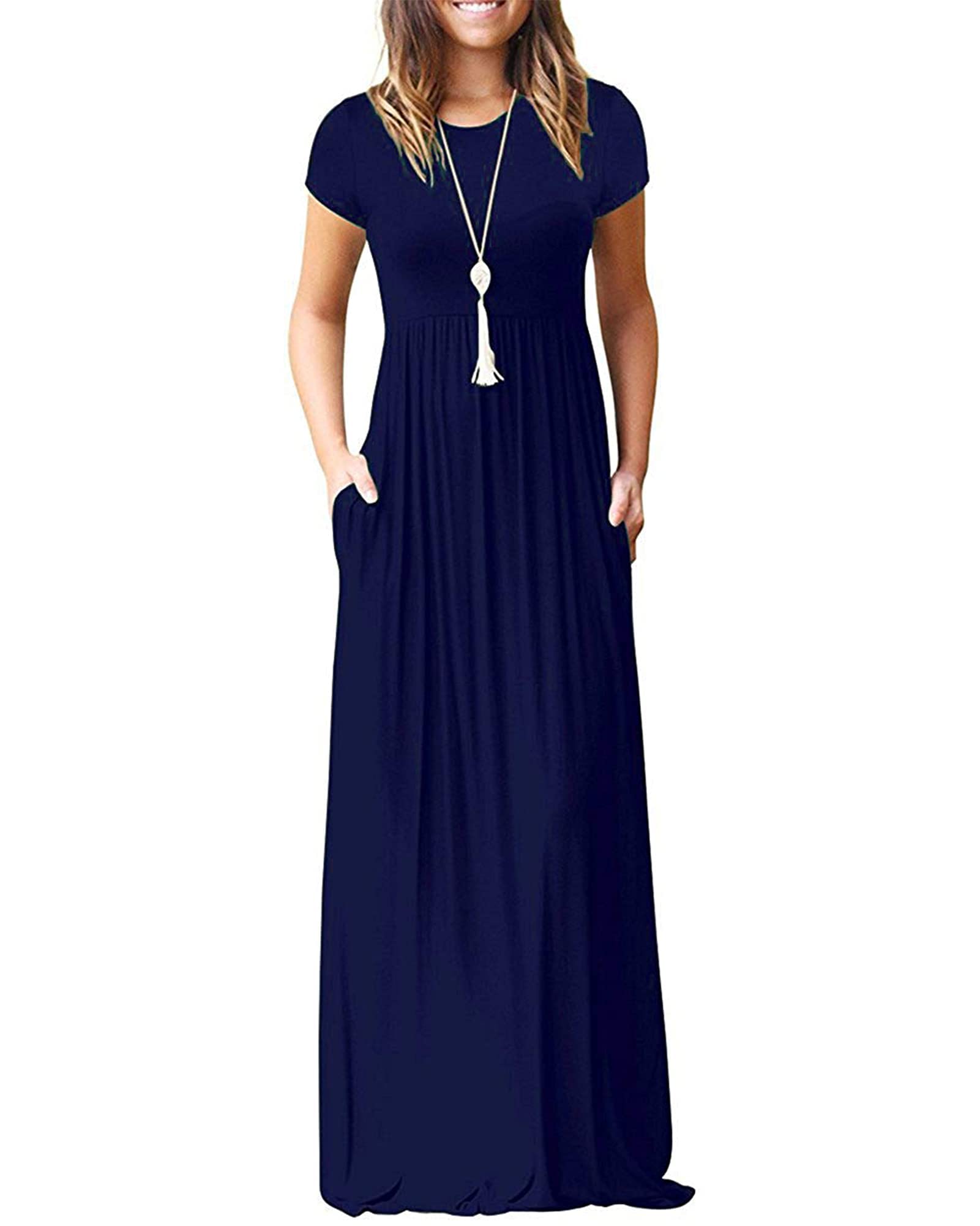 MISFAY Women Short Sleeve Loose Plain Maxi Dresses Casual Long Dresses Pockets