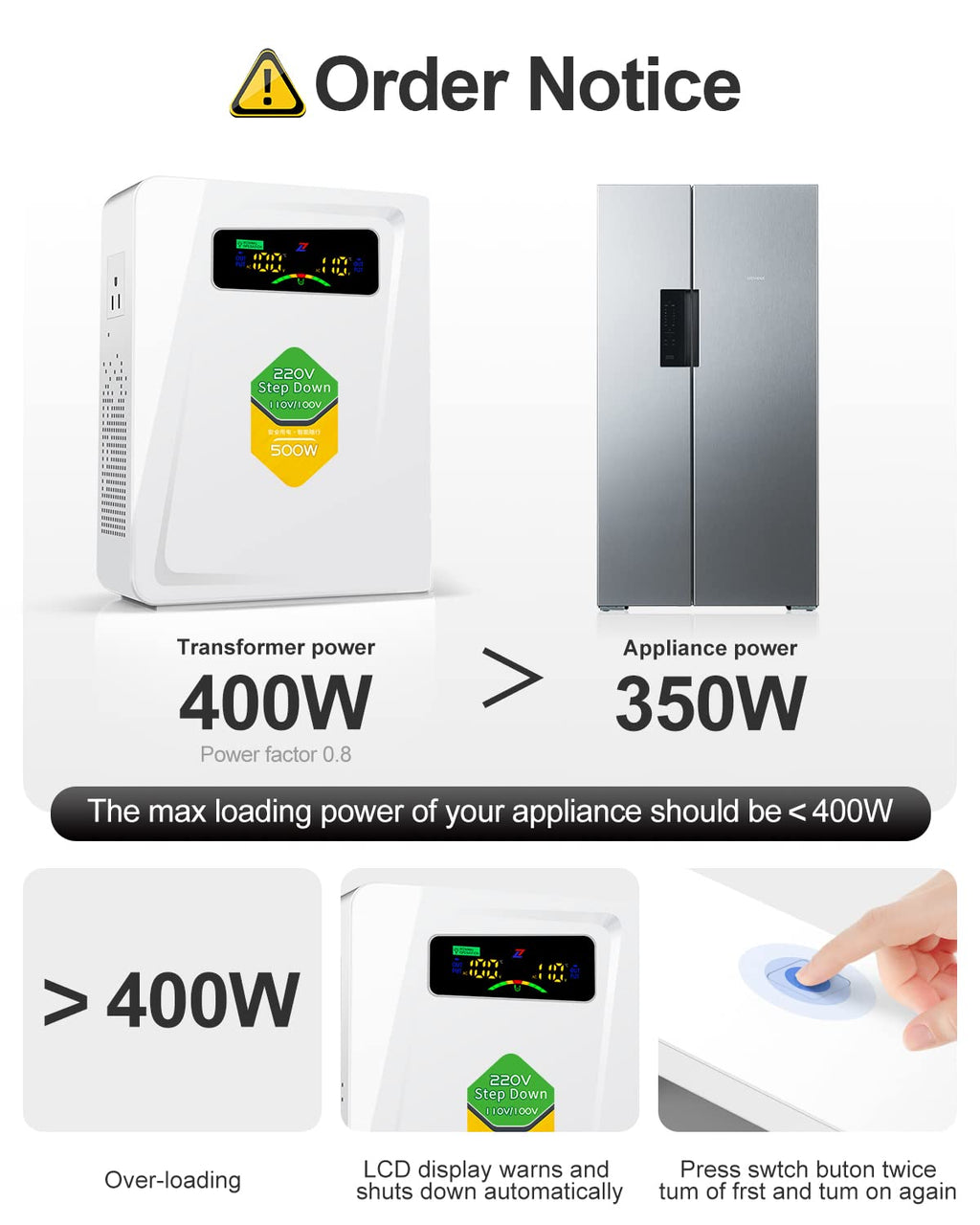 220v to 110v Step Down Transformer 1000W Power Voltage Converters, No Noise, Ten Protection Functions, Suit for Coffee Machines, Rice Cookers and Other US Appliances Used in Europe