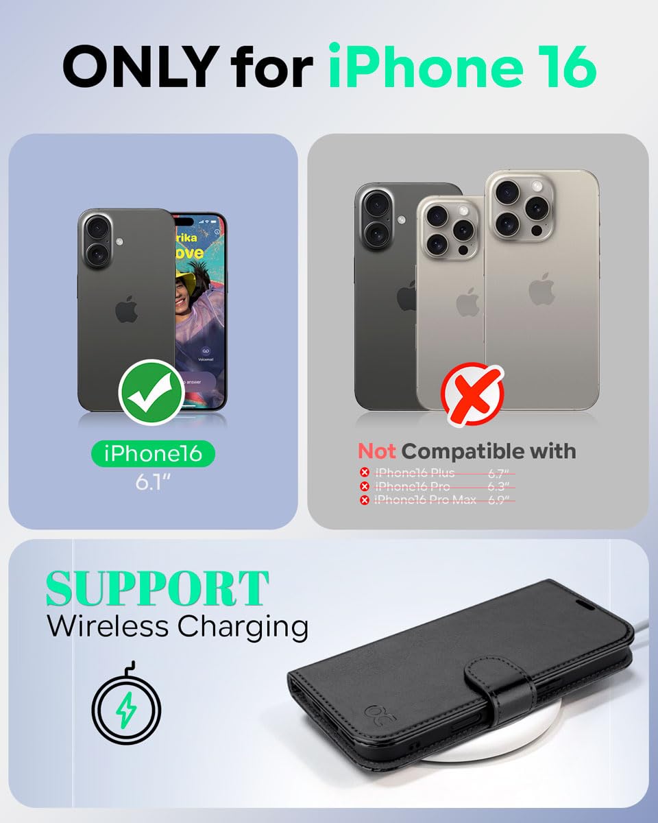 OCASE Compatible with iPhone 16 Wallet Case, PU Leather Flip Folio Case with Card Holders RFID Blocking Kickstand [Shockproof TPU Inner Shell] Phone Cover 6.1 Inch 2024, Black