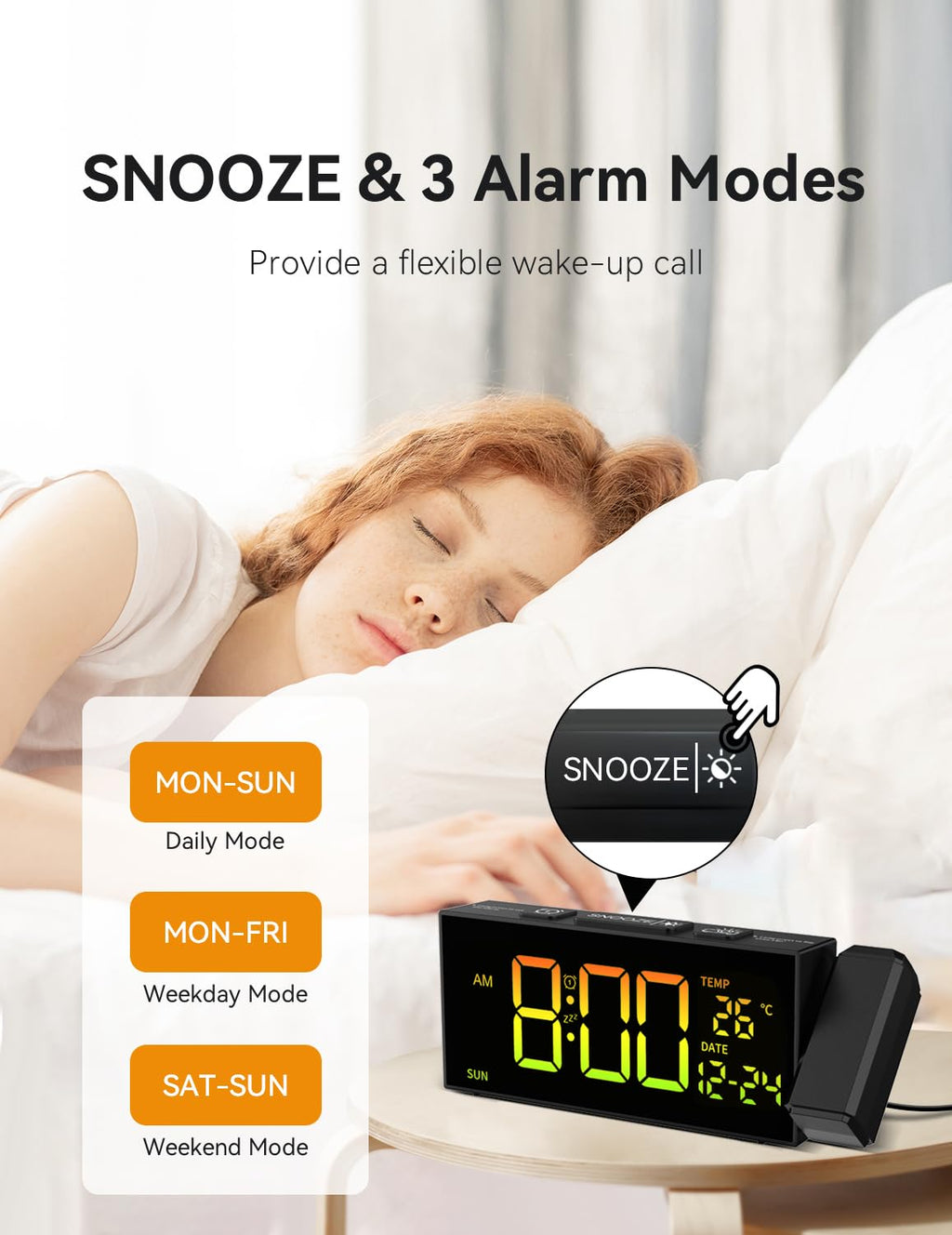 Netzu Projection Clock for Bedroom Ceiling, Alarm Clocks with 180° Rotatable Projector, Date Temperature and Weekday, Manual DST, 5 Brightness, 10 Ringtones, 4 Volumes and Snooze (Black)