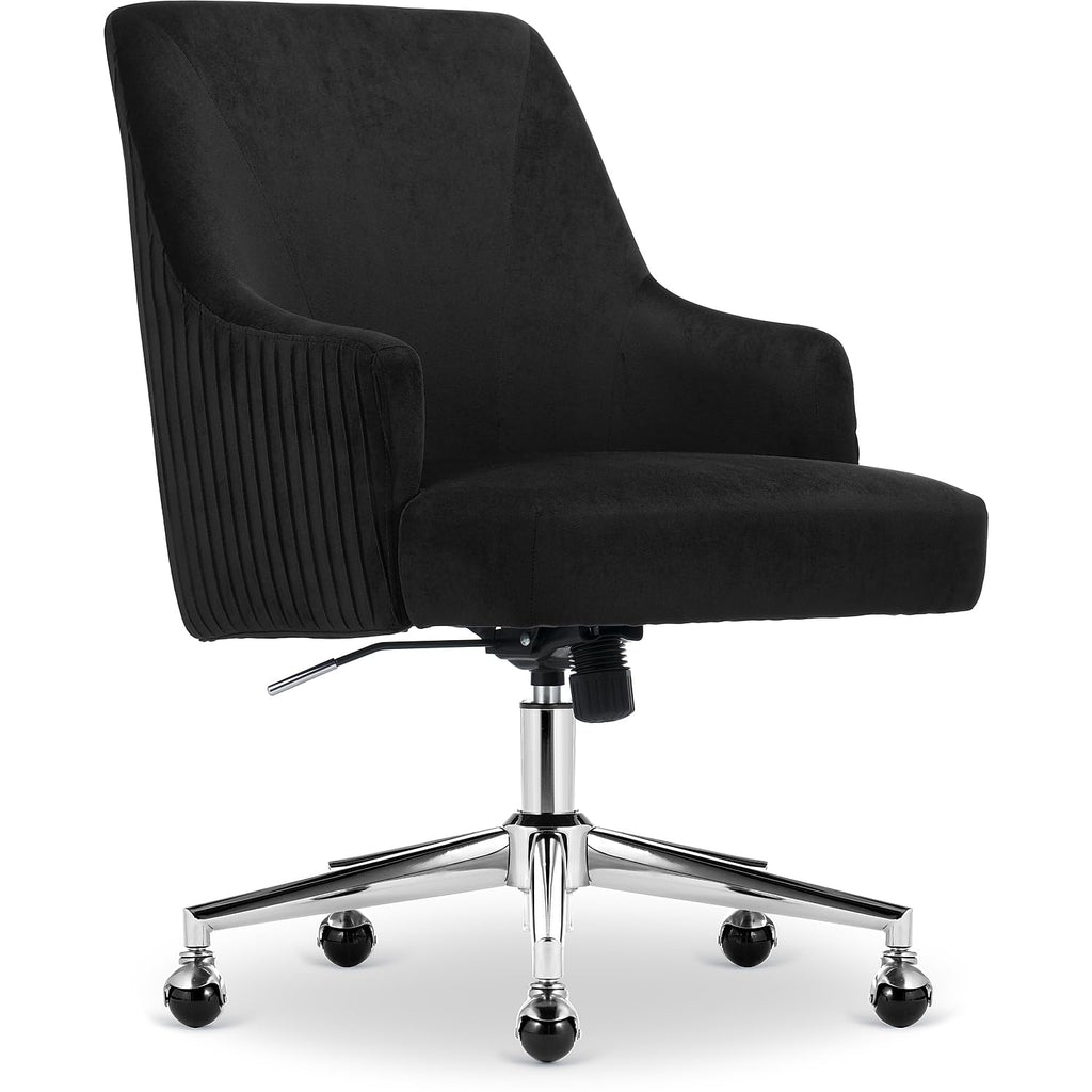 Serta Scarlett Modern Office Chair, Pleated and Curved Mid-Back Desk Chair, Pocket Coil Seat Cushion, Padded Armrests, Vanity Armchair with Wheels, Swivel Gold Base, Beige Velvet Fabric