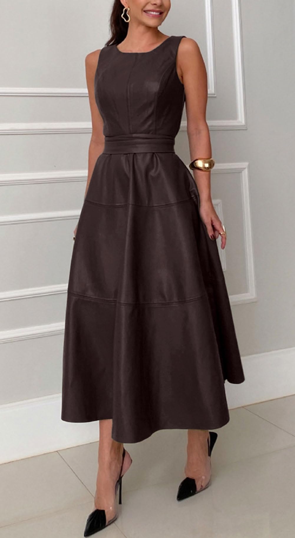 CHARTOU Women PU Faux Leather Sleeveless Elegant Flowy Long Dress Party Night Out Dress with Belt