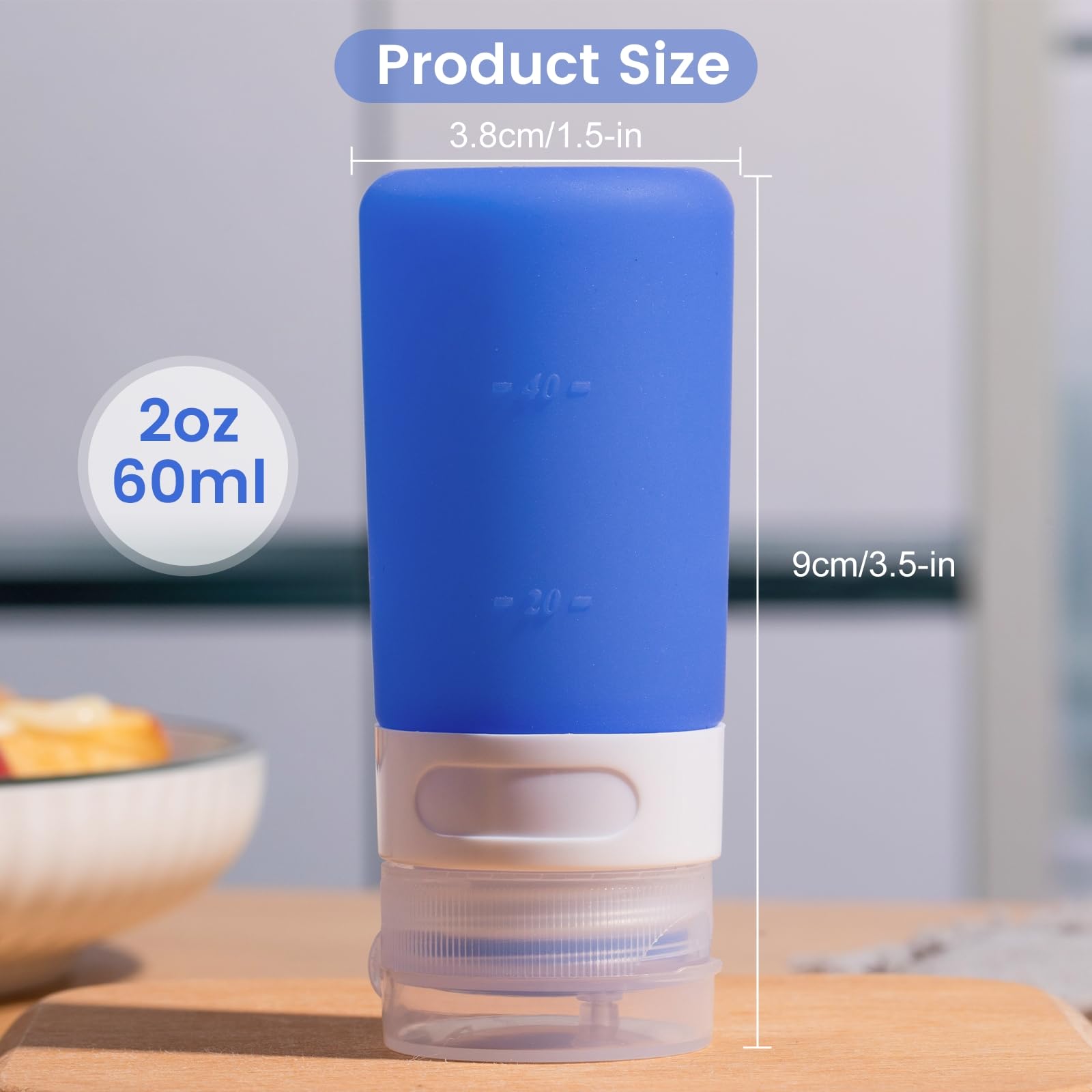 MICEBAY Condiment Squeeze Bottles for Sauces, 1-oz Mini Silicone Salad Dressing Container to Go with Snack Storage Bag, Leakproof Sauce Bottles for Lunch Box, 4 Pack, Blue