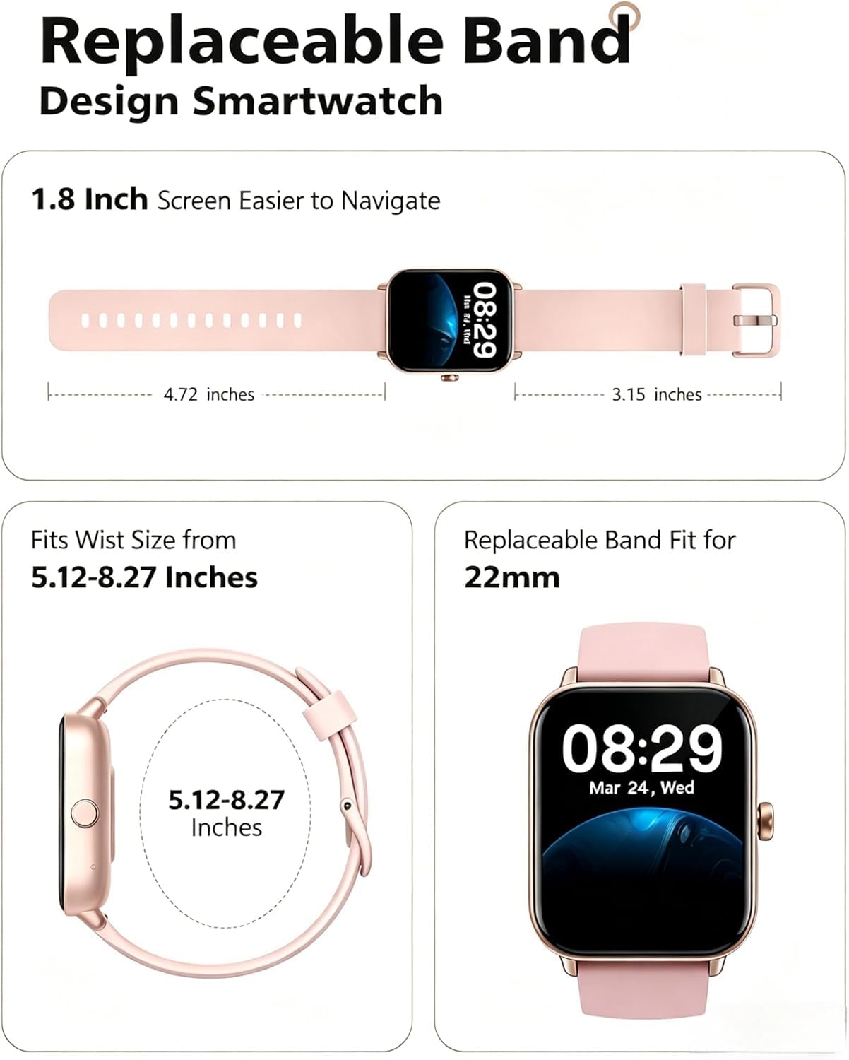 Quican Smart Watches for Women, Compatible for iPhone and Android Phones, Calling, Heart Rate/Sleep Monitor, Alexa, 1.8" Fitness Tracker Watch, Waterproof, Gifts for Women, Silicone Band, Baby Pink