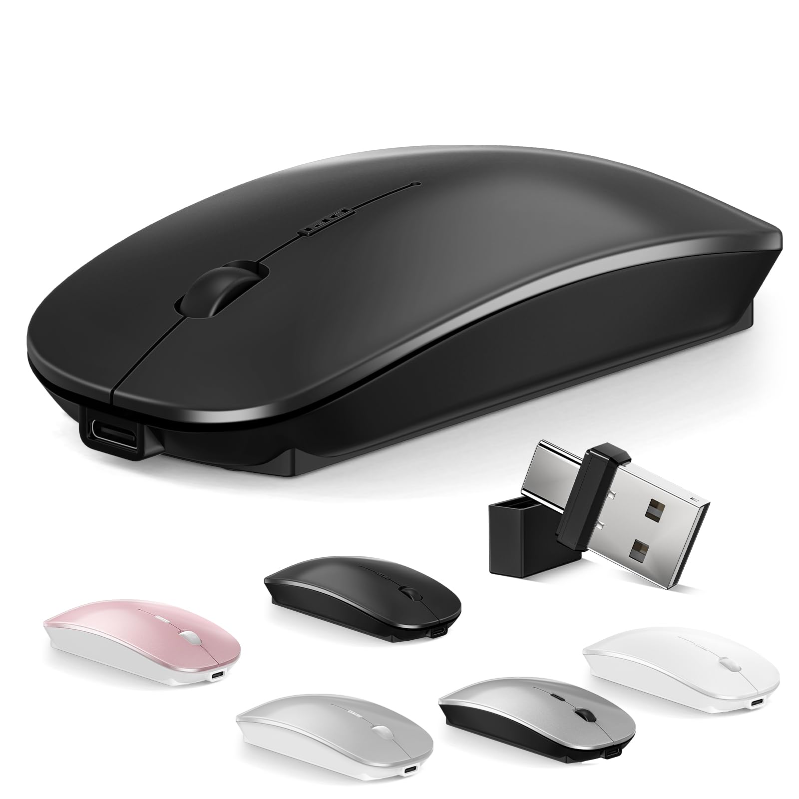 Mouse for MacBook Wireless Bluetooth Mouse Laptop MacBook Air Mac Pro Rechargeable Silent PC iPad Optical Mouse with Dual Mode Switch Bluetooth 5.2/3.0 and 2.4GHz USB Type-C Receiver Rose Gold