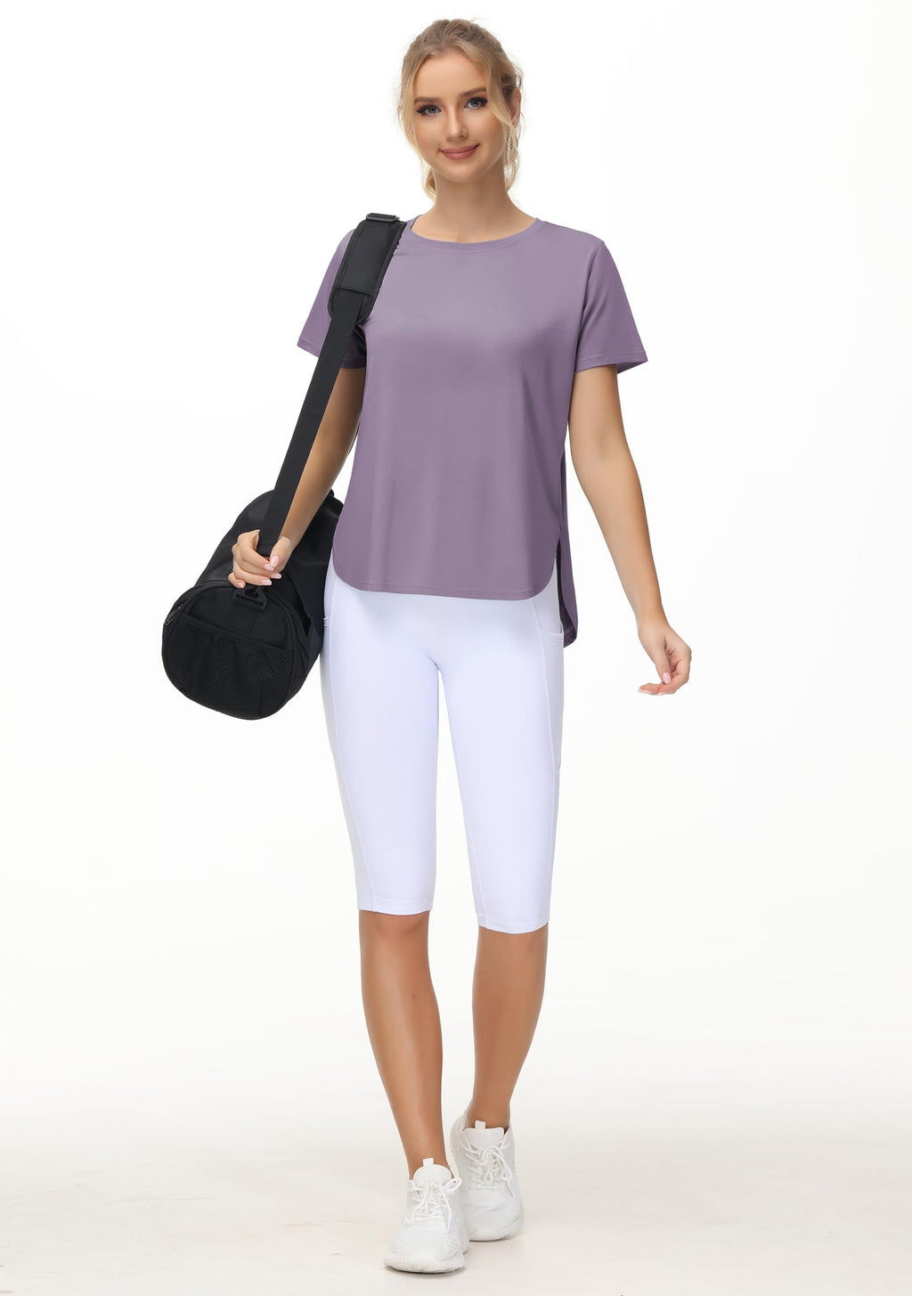 THE GYM PEOPLE Women's Workout T-Shirts Loose Fit Short Sleeve Cotton Running Basic Tee Tops with Split Hem