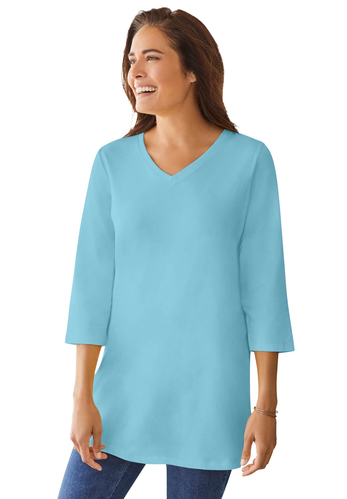Woman Within Plus Size Perfect Three-Quarter Sleeve V-Neck Tunic