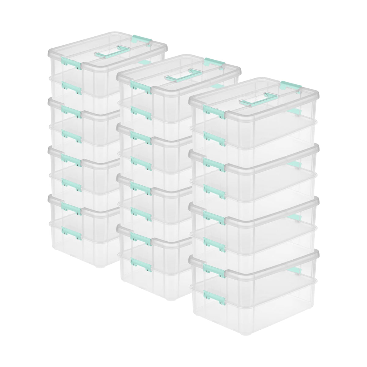 Sterilite 4-Pack Stack & Carry, 2 Layer Handle Box for Home & Office Storage - Clear Base & Lid with Color Latches, Organizer for Art & Craft Supplies, Sewing Tools or 8.5" x 11" Paper